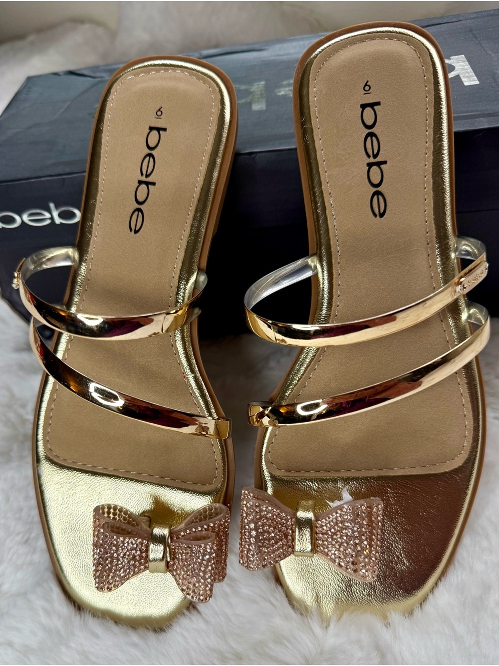 bebe Gold Metallic Bow Slide Sandals - Picture 4 of 5